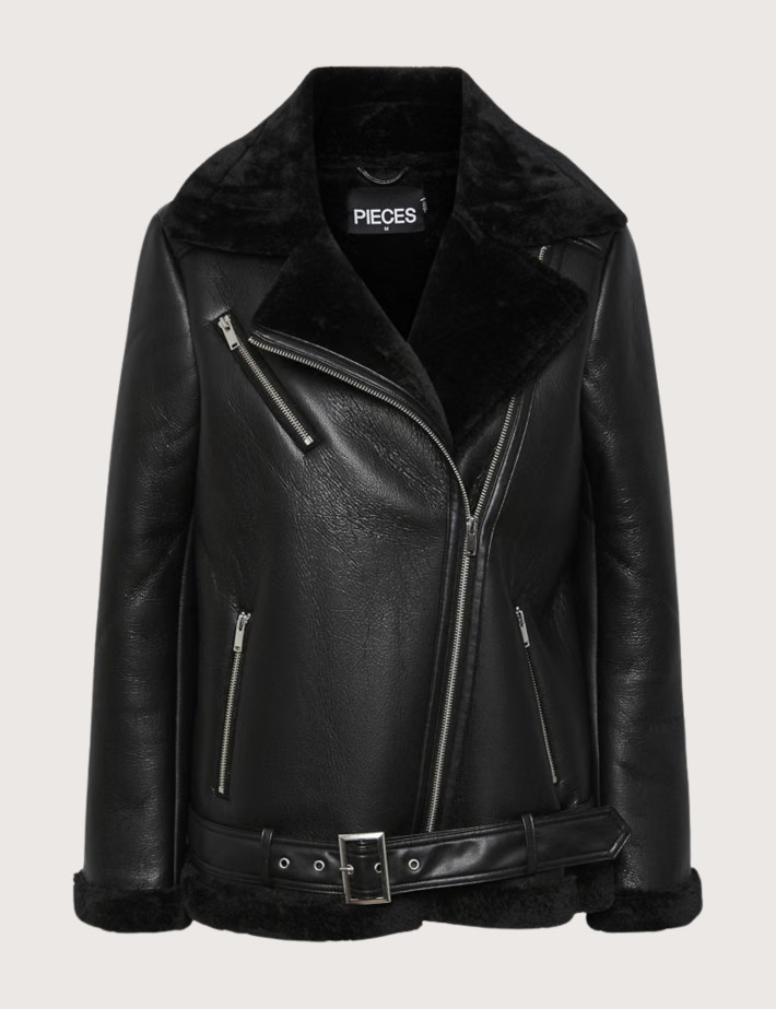 PIECES Blouson Femme Effet Cuir Aviateur Nora Noir