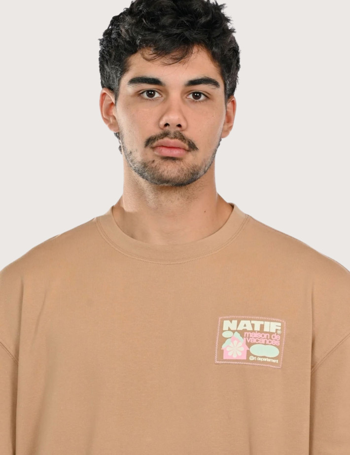 Natif T-Shirt Unisexe Manches Courtes Maison de Vacances Marron