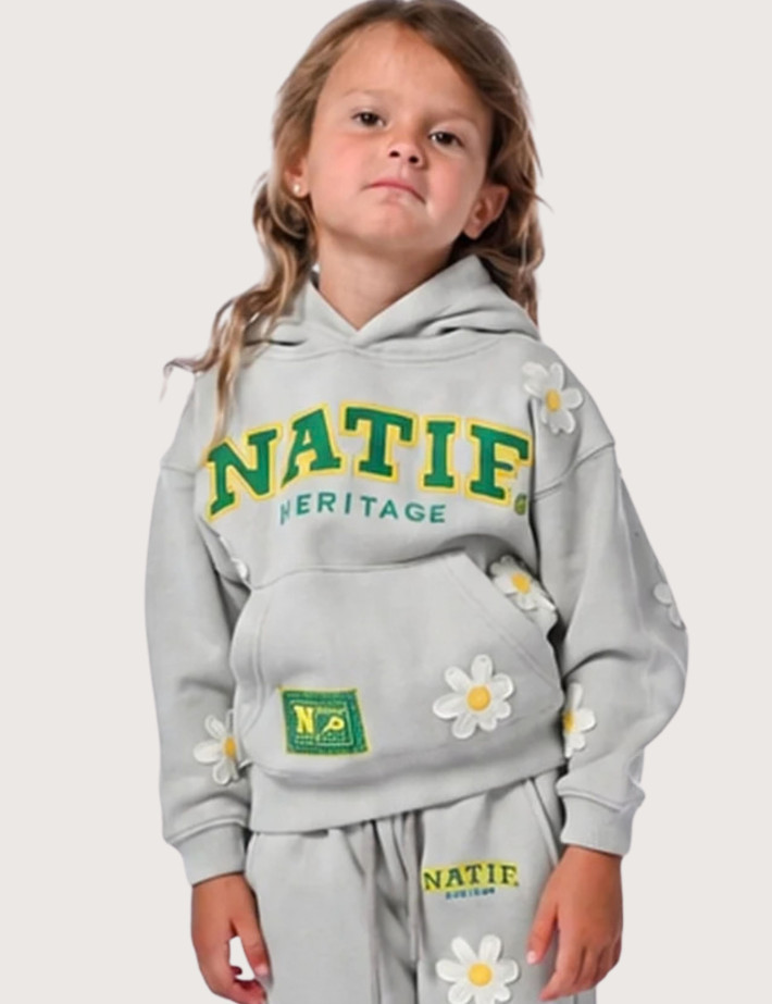 Natif Sweat Capuche Enfant Heritage Motifs Fleurs Gris - 2