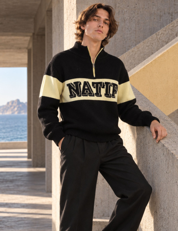 Natif Pull Femme Col Zip Camionneur Noir Jaune - 6