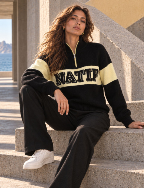 Natif Pull Femme Col Zip Camionneur Noir Jaune - 5