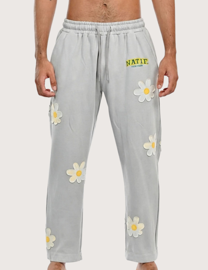 Natif Pantalon Unisexe Heritage Motifs Fleurs Gris
