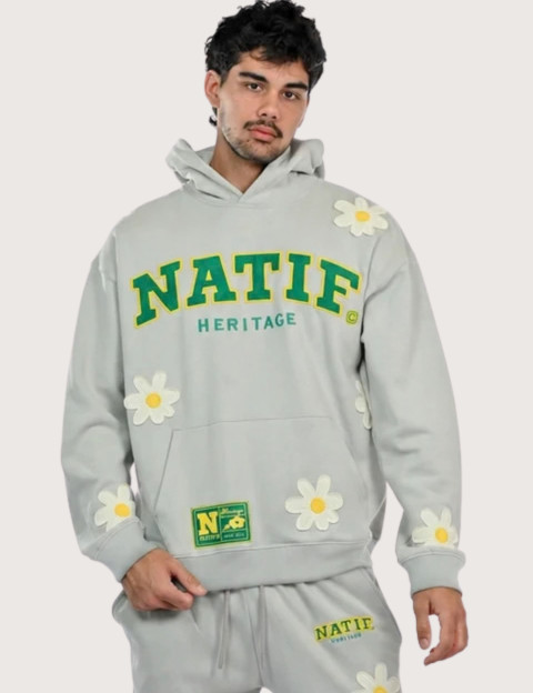 Natif Sweat Capuche Unisexe Heritage Motifs Fleurs Gris