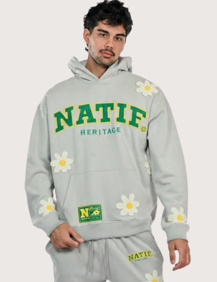 Natif Sweat Capuche Unisexe Heritage Motifs Fleurs Gris