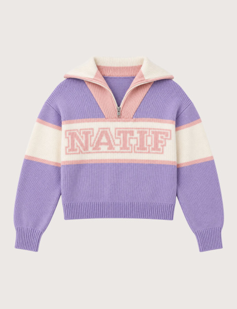 Natif Pull Femme Col Zip Camionneur Violet Rose - 4