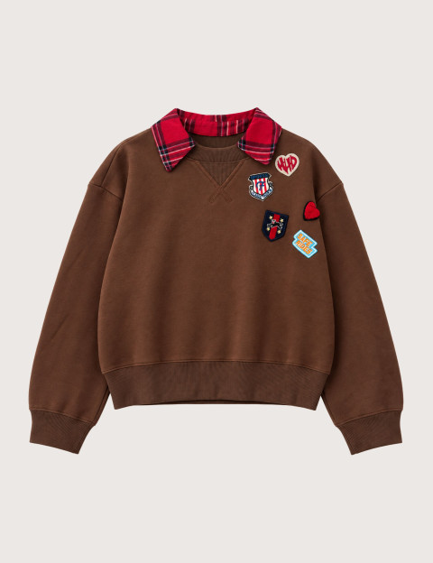 Adoré Sweat Femme Enine Col à Carreaux Chocolat