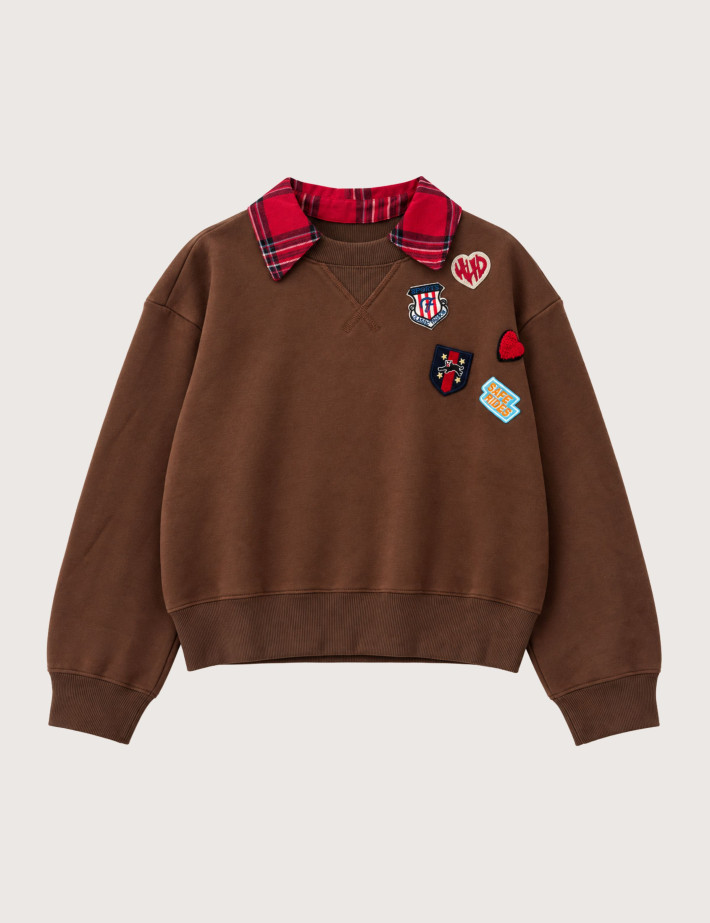 Adoré Sweat Femme Enine Col à Carreaux Chocolat