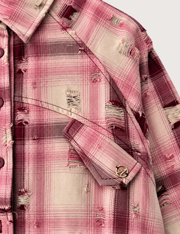 Adoré Chemise Femme Western à Carreaux Effet Déchiré Bordeaux - 2