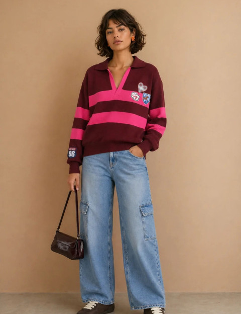 Adoré Pull Femme Oriane Rayé Bordeaux Rose - 3