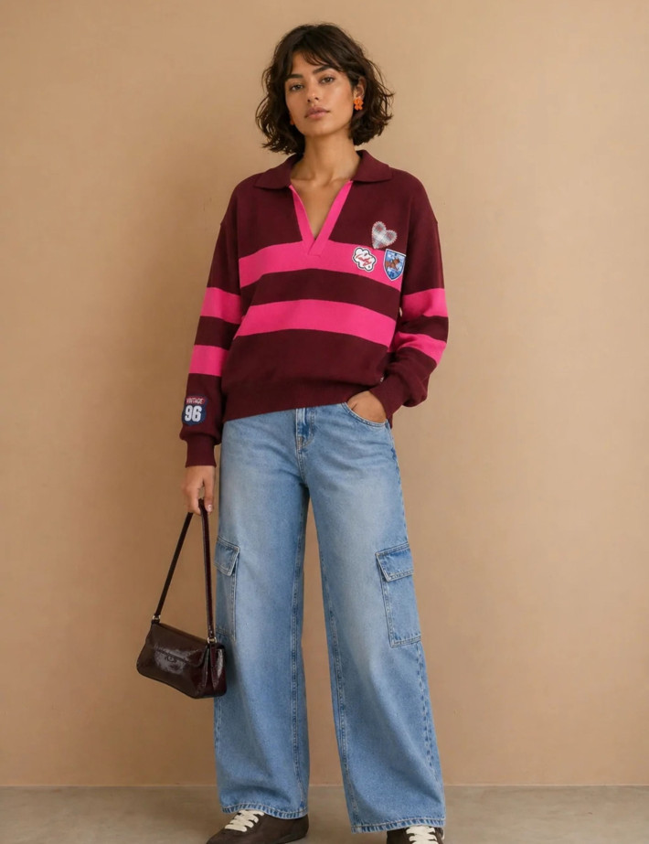 Adoré Pull Femme Oriane Rayé Bordeaux Rose - 3