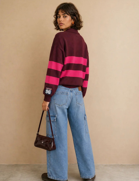 Adoré Pull Femme Oriane Rayé Bordeaux Rose - 4