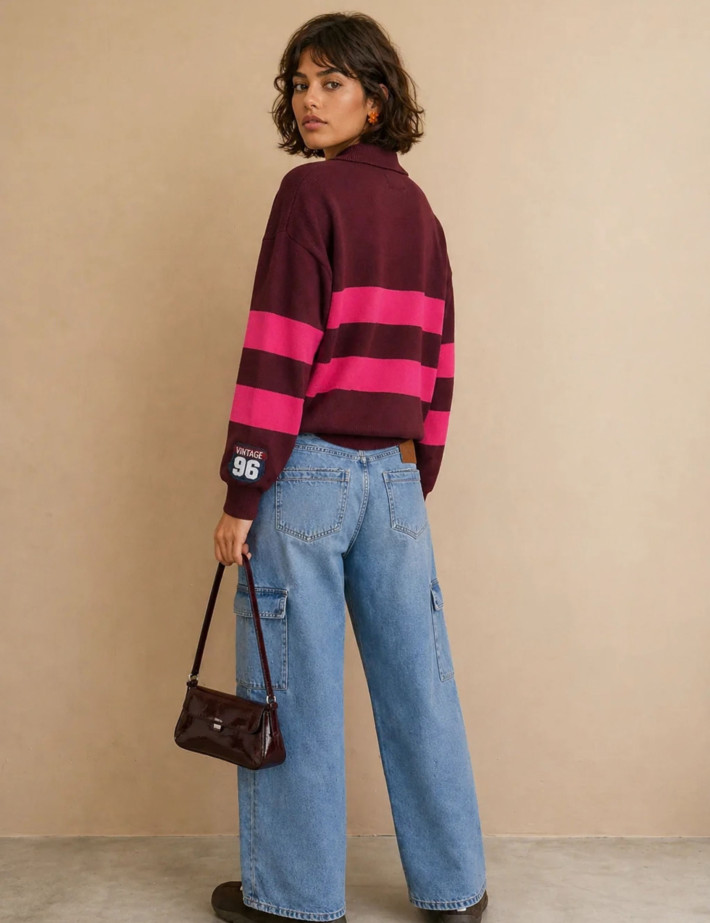 Adoré Pull Femme Oriane Rayé Bordeaux Rose - 4