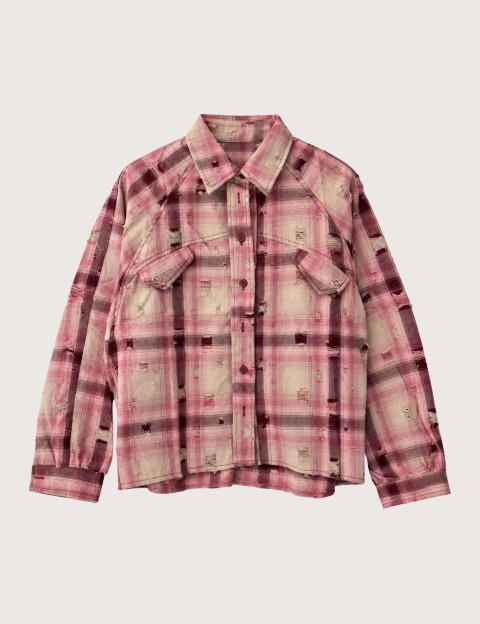 Adoré Chemise Femme Western à Carreaux Effet Déchiré Bordeaux