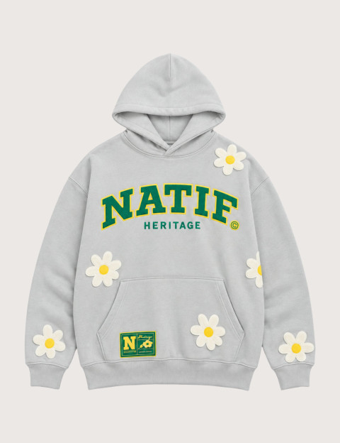 Natif Sweat Capuche Unisexe Heritage Motifs Fleurs Gris - 4