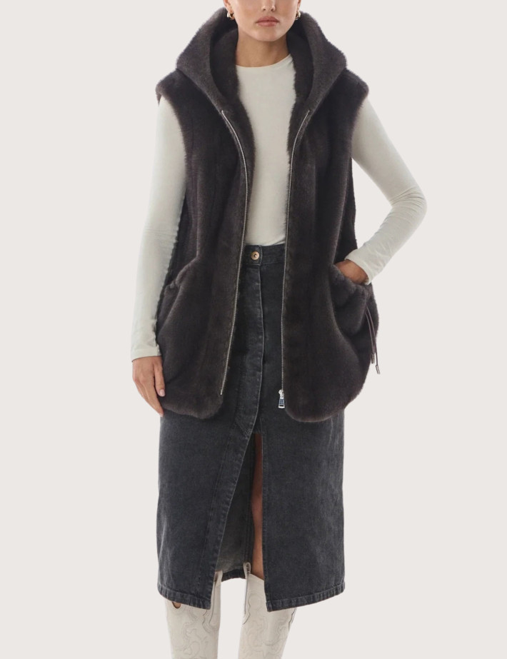 Giovanni Paris Manteau Femme en Fausse Fourrure sans Manches Maury Anthracite - 2