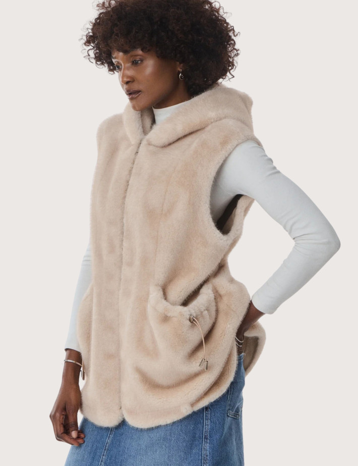 Giovanni Paris Manteau Femme en Fausse Fourrure sans Manches Maury Beige - 2