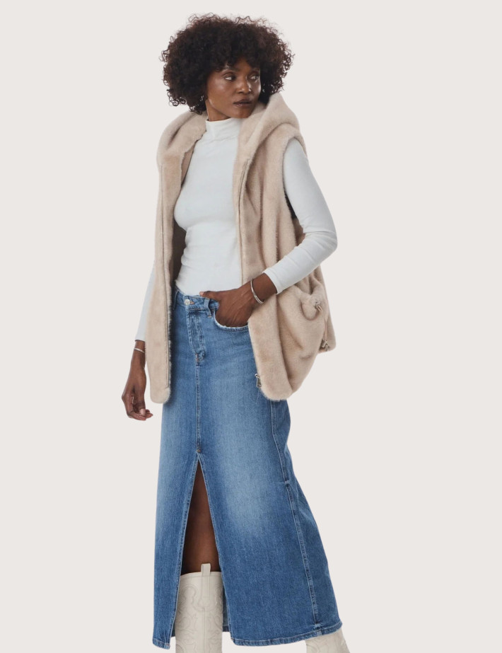 Giovanni Paris Manteau Femme en Fausse Fourrure sans Manches Maury Beige - 5