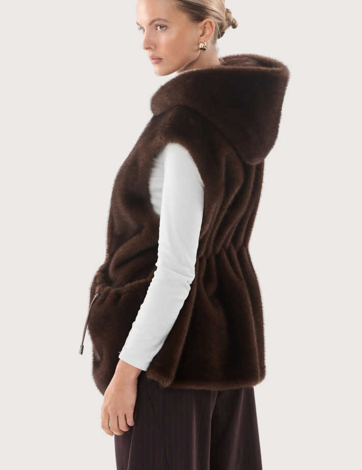 Giovanni Paris Manteau Femme en Fausse Fourrure sans Manches Maury Marron - 5