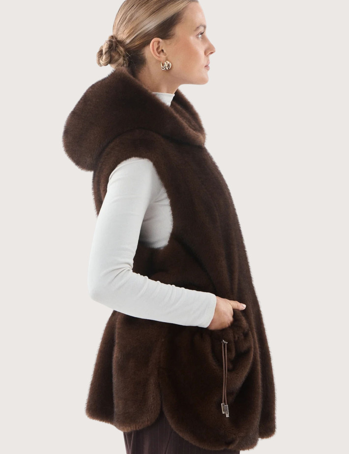 Giovanni Paris Manteau Femme en Fausse Fourrure sans Manches Maury Marron - 6