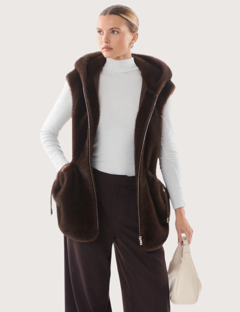 Giovanni Paris Manteau Femme en Fausse Fourrure sans Manches Maury Marron - 2