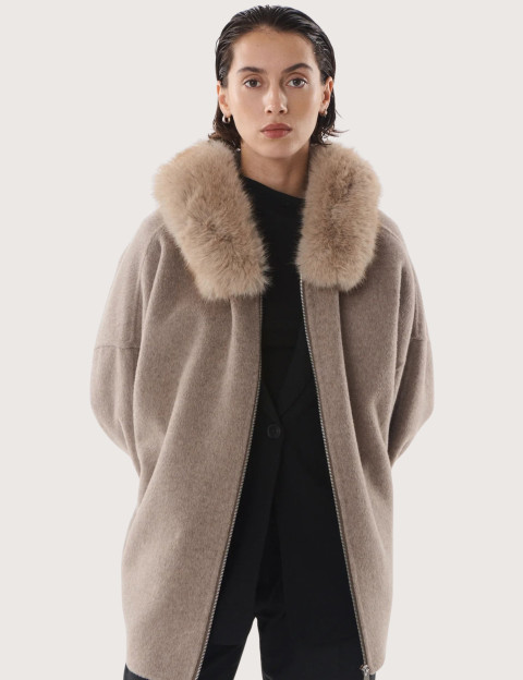 Giovanni Paris Manteau Femme Col Fourrure Sela Taupe - 2