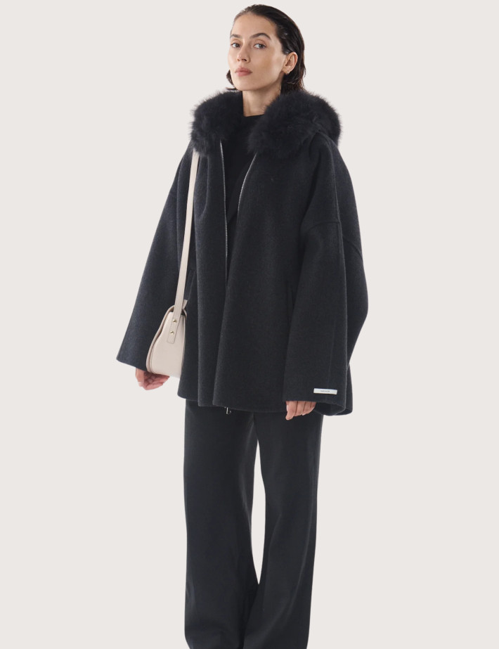 Giovanni Paris Manteau Femme Col Fourrure Sela Anthracite - 2