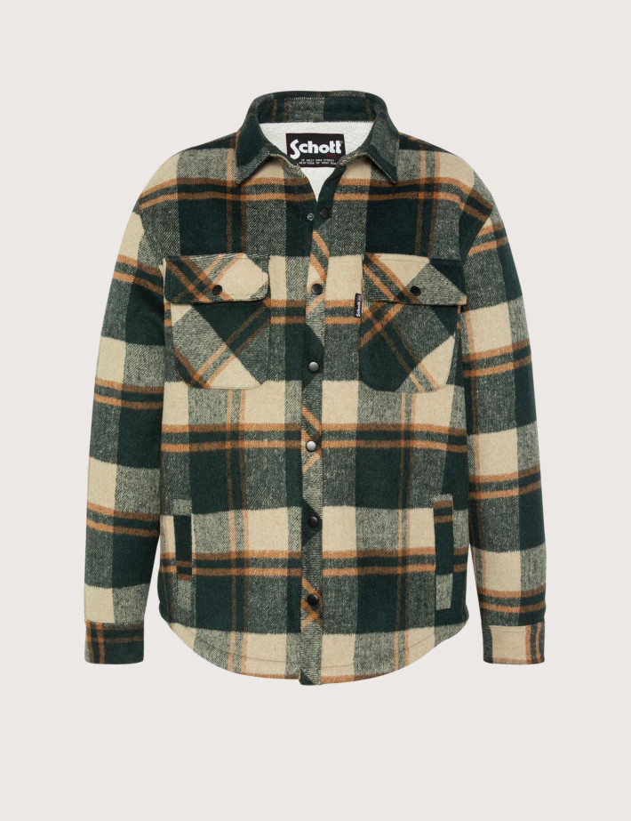 SCHOTT Veste Homme Carry à Carreaux Doublée Sherpa Kaki