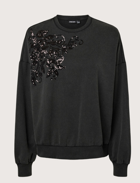 PIECES Sweat Mie Motifs Sequins Fleurs Noir