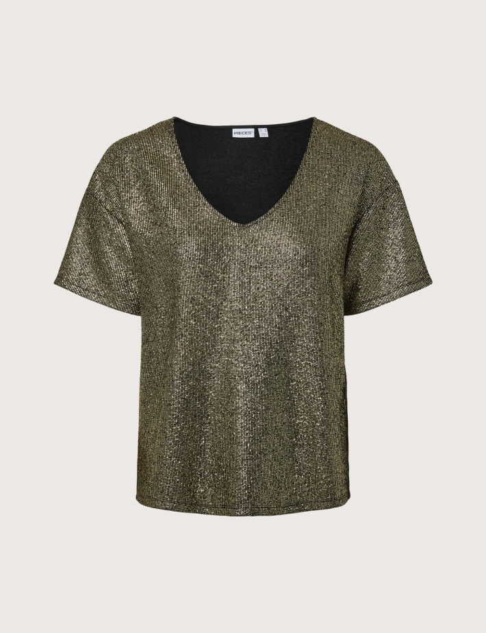 PIECES Haut Femme Manches Courtes Col V Oversize Nilana Doré