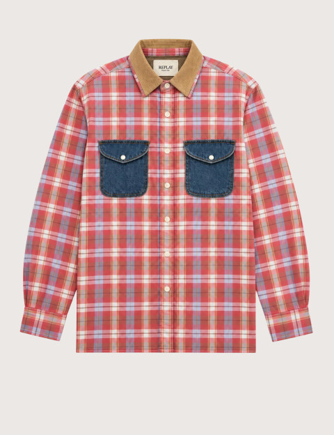 REPLAY Chemise à Carreaux Femme Manches Longues Bi-Matière Rouge C05J