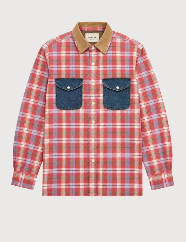 REPLAY Chemise à Carreaux Femme Manches Longues Bi-Matière Rouge C05J
